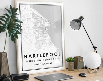 HARTLEPOOL UK  map minimal Scandinavian Nordic home decoration, Living room, bedroom, kitchen artwork print