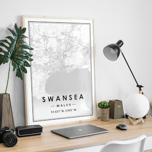 SWANSEA WALES carte minimaliste scandinave décoration de la maison nordique, salon, chambre à coucher, impression d’œuvres d’art de cuisine