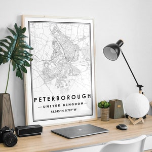 El mapa de Peterborough Reino Unido imprime una decoración minimalista del hogar nórdico escandinavo, sala de estar, dormitorio, impresión de obras de arte de cocina