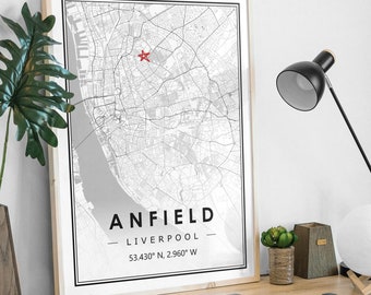 ANFIELD LIVERPOOL Portrait map minimal Football club home decoration, Soccer Living room, bedroom,  artwork print Map Prints