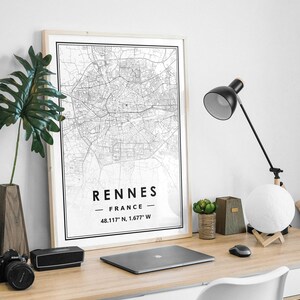 RENNES FRANCE carte minimaliste scandinave décoration de la maison nordique, salon, chambre à coucher, cuisine impression d'art Map Prints