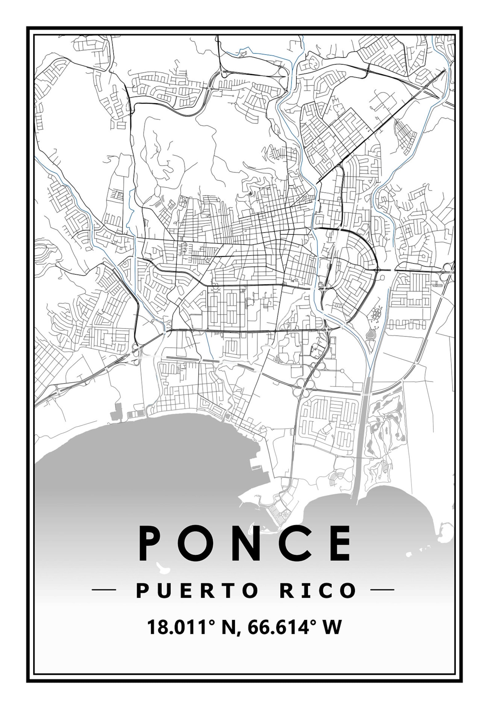 Ponce Map Vector El mapa de PONCE PUERTO RICO imprime una decoración minimalista del ...