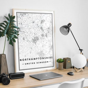 El mapa de NORTHAMPTONSHIRE UK imprime una decoración minimalista del hogar nórdico escandinavo, sala de estar, dormitorio, impresión de obras de arte de cocina