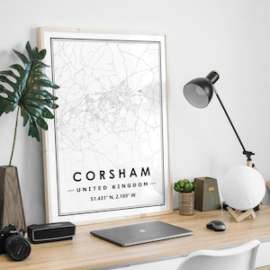 CORSHAM WILTSHIRE UK carte minimaliste scandinave décoration de la maison nordique, salon, chambre à coucher, impression d’œuvres d’art de cuisine Map Prints