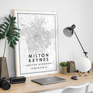 Mapa de Milton Keynes Reino Unido mínima decoración nórdica escandinava del hogar, sala de estar, dormitorio, impresión de obras de arte de cocina Impresiones de mapas