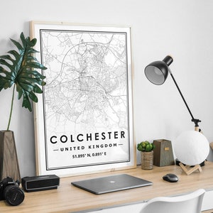Carte de Colchester, Royaume-Uni, minimalisme scandinave, décoration d'intérieur nordique, impression d'oeuvres d'art pour le salon, la chambre et la cuisine