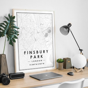 FINSBURY PARK LONDON uk Karte minimale skandinavische nordische Dekoration, Wohnzimmer, Schlafzimmer, Küche Kunstwerk Druck