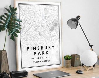 FINSBURY PARK LONDON mapa del Reino Unido decoración minimalista del hogar nórdico escandinavo, sala de estar, dormitorio, impresión de obras de arte de cocina