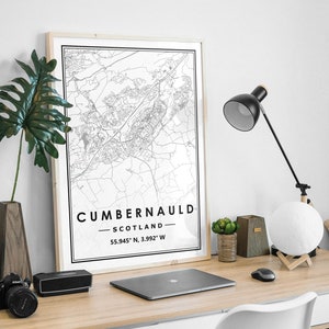 CUMBERNAULD SCOTLAND carte minimaliste scandinave décoration de la maison nordique, salon, chambre à coucher, impression d’œuvres d’art de cuisine Map Prints