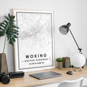 WOKING UK Landkarte minimalistische skandinavische Wohndekoration, Wohnzimmer, Schlafzimmer, Küche als Kunstdruck