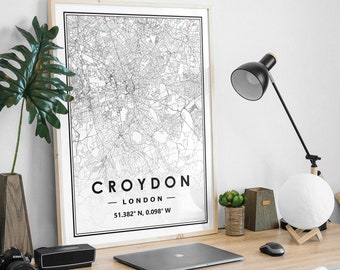 CROYDON LONDON UK  map minimal Scandinavian Nordic home decoration, Living room, bedroom, kitchen artwork print