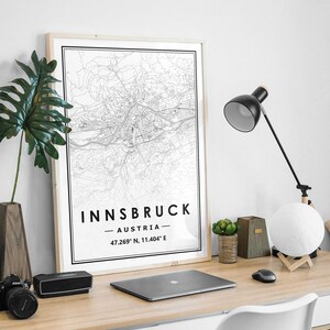 INNSBRUCK AUSTRIA mapa minimalista decoración nórdica escandinava del hogar, sala de estar, dormitorio, impresión de obras de arte de cocina Impresiones de mapas