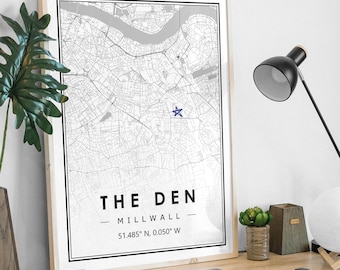 THE DEN MILLWALL Ritratto mappa minimale Decorazione per la casa di una squadra di calcio, Soggiorno, camera da letto, stampa artistica Stampe di mappe