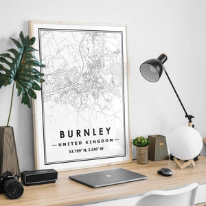 BURNLEY UK Karte druckt minimale skandinavische nordische Dekoration, Wohnzimmer, Schlafzimmer, Küche Kunstwerk