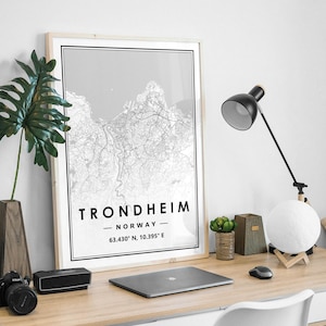 TRONDHEIM NORWEGEN Karte minimale skandinavische nordische Wohndekoration, Wohnzimmer, Schlafzimmer, Küche Kunstwerk Druck