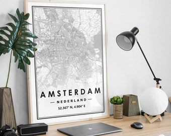 AMSTERDAM NETHERLANDS  map prints minimal Scandinavian Nordic home decoration, Living room, bedroom, kitchen artwork print