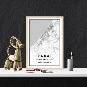Mapa de RABAT MARRUECOS decoración minimalista del hogar nórdico escandinavo, sala de estar, dormitorio, impresión de obras de arte de cocina Impresiones de mapas