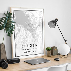 La carte de BERGEN NORVÈGE imprime une décoration minimaliste scandinave nordique pour la maison, salon, chambre à coucher, impression d'œuvres d'art de cuisine