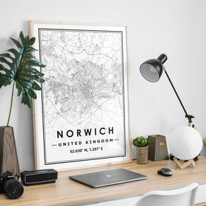 Carte minimaliste de Norwich, Royaume-Uni, décoration d'intérieur scandinave nordique, impression d'oeuvres d'art pour le salon, la chambre et la cuisine