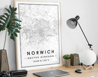 Norwich UK  map minimal Scandinavian Nordic home decoration, Living room, bedroom, kitchen artwork print