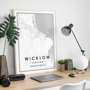 El mapa de Wicklow Irlanda imprime una decoración minimalista del hogar nórdico escandinavo, sala de estar, dormitorio, impresión de obras de arte de cocina