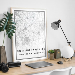 Nottinghamshire UK Karte Druck minimalistische skandinavische Wohndekoration, Wohnzimmer, Küche, Schlafzimmer