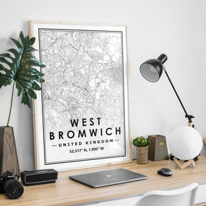 West Brom / West Bromwich Reino Unido mapa minimalista decoración nórdica escandinava del hogar, sala de estar, dormitorio, impresión de obras de arte de cocina