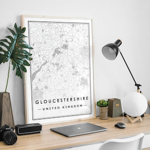 Impressions de carte du Royaume-Uni du GLOUCESTERSHIRE, décoration minimaliste scandinave et nordique, impression d'oeuvres d'art pour le salon, la chambre et la cuisine