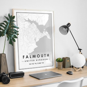 FALMOUTH UK carte minimaliste scandinave décoration de la maison nordique, salon, chambre à coucher, cuisine impression d'œuvres d'art Map Prints