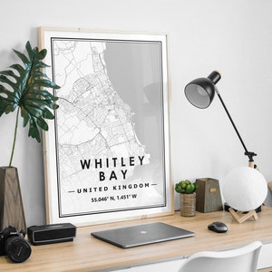 WHITLEY BAY UK carte minimaliste scandinave décoration de la maison nordique, salon, chambre à coucher, cuisine impression d'art Map Prints