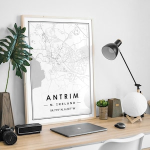 ANTRIM IRLANDA DEL NORTE mapa minimalista decoración nórdica escandinava del hogar, sala de estar, dormitorio, impresión de obras de arte de cocina