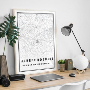 HEREFORDSHIRE UK Karte Druck minimalistische skandinavische Dekoration für Wohnzimmer, Schlafzimmer, Küche und Wohnzimmer