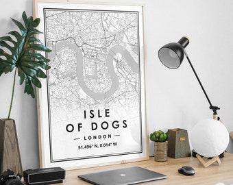 ISLE OF DOGS London uk  map minimal Scandinavian Nordic home decoration, Living room, bedroom, kitchen artwork print