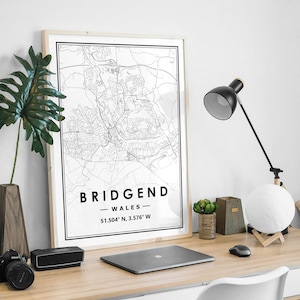 BRIDGEND WALES mapa minimalista decoración nórdica escandinava del hogar, sala de estar, dormitorio, impresión de obras de arte de cocina