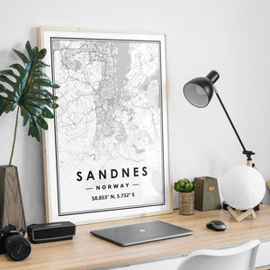 SANDNES NORWEGEN Karte minimalistische skandinavische Wohndekoration, Wohnzimmer, Küche, Schlafzimmer
