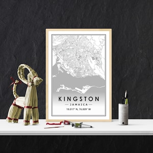 KINGSTON JAMAICA Karte minimale skandinavische nordische Dekoration, Wohnzimmer, Schlafzimmer, Küche Kunstwerk Druck