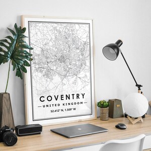 Carte de Coventry UK Imprimer décoration minimaliste scandinave nordique pour la maison, salon, chambre à coucher, impression d’œuvres d’art de cuisine