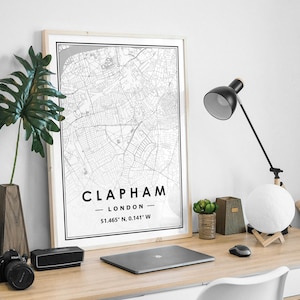 CLAPHAM LONDON Royaume-Uni, carte minimaliste scandinave, décoration d'intérieur nordique, impression d'oeuvres d'art pour le salon, la chambre et la cuisine