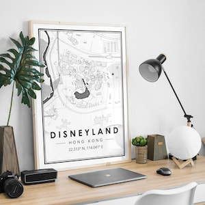DISNEYLAND HONG KONG carte minimaliste scandinave décoration de la maison nordique, salon, chambre à coucher, impression d’œuvres d’art de cuisine