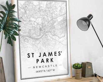 St JAMES' PARK NEWCASTLE Portrait map minimal Football club home decoration, Soccer Living room, bedroom,  artwork print Map Prints