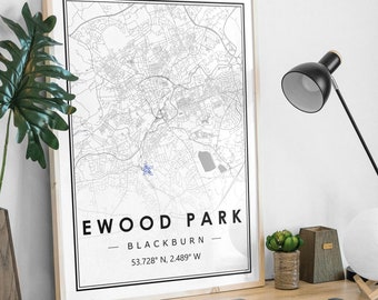 EWOOD PARK BLACKBURN Portrait map minimal Football club home decoration, Soccer Living room, bedroom,  artwork print Map Prints