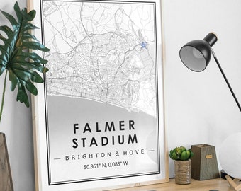 FALMER STADIUM BRIGHTON and hove Portrait map minimal Football club home decoration, Soccer Living room, bedroom,  artwork print Map Prints