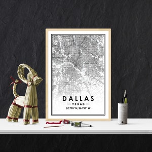 DALLAS USA mapa Imprimir decoración minimalista del hogar nórdico escandinavo, Sala de estar, dormitorio, impresión de obras de arte de cocina