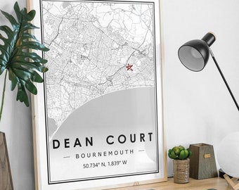 DEAN COURT BOURNEMOUTH Portrait map minimal Football club home decoration, Soccer Living room, bedroom,  artwork print Map Prints