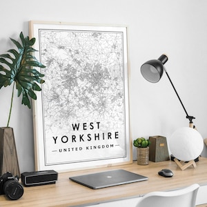 WEST YORKSHIRE UK carte minimaliste scandinave décoration de la maison nordique, salon, chambre à coucher, impression d’œuvres d’art de cuisine