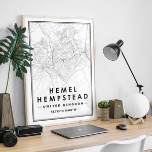 HEMEL HEMPSTEAD UK Karte minimale skandinavische nordische Dekoration, Wohnzimmer, Schlafzimmer, Küche Kunstwerk Karte Drucke