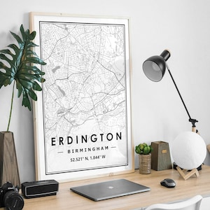 ERDINGTON BIRMINGHAM Reino Unido mapa minimalista decoración nórdica escandinava del hogar, sala de estar, dormitorio, impresión de obras de arte de cocina Impresiones de mapas