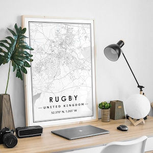 RUGBY UK map minimaliste scandinave nordique décoration de la maison, salon, chambre à coucher, impression d'oeuvres d'art de cuisine