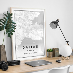 Mapa de DALIAN CHINA mínima decoración nórdica escandinava del hogar, sala de estar, dormitorio, impresión de obras de arte de cocina