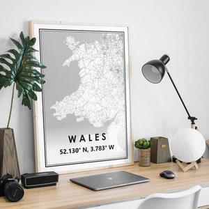 Carte du Royaume-Uni du Pays de Galles décoration minimaliste scandinave nordique pour la maison, salon, chambre à coucher, impression d'œuvres d'art de cuisine
